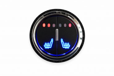 Preview: Sitzheizungsset Carbon 3-stufig mit einem runden, beleuchteten Doppel-Taster und Kunststoffring mit Kabelbaum für zwei Sitze