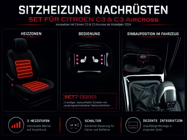 Sitheizungsset für Citroen C3 & C3 Aircross ab Modelljahr 2024 mit achteckigem, beleuchteten Doppeltaster
