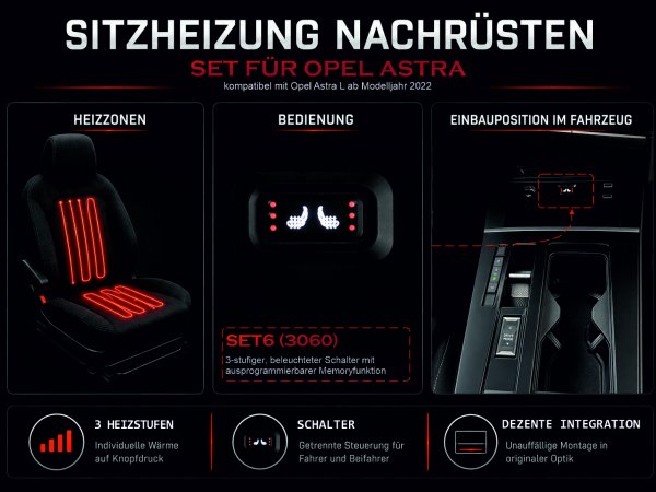 Sitzheizungsset Opel Astra L ab Modelljahr 2021 mit rechteckiger Doppel-Taster