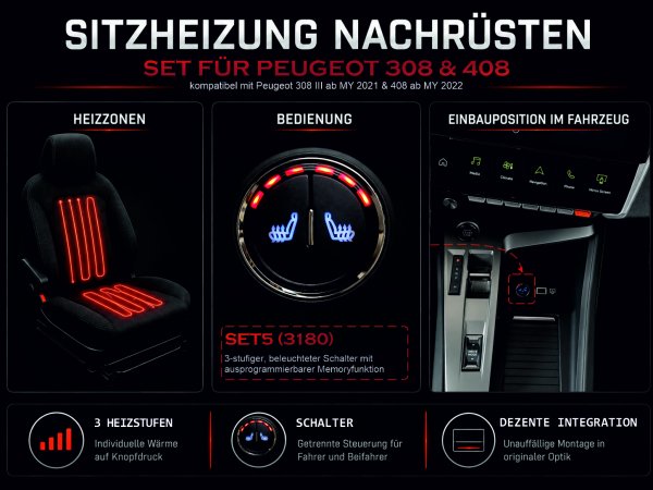 Sitheizungsset für Peugeot 308 ab Modelljahr 2021 & 408 ab Modelljahr 2024 mit rundem, beleuchteten Doppeltaster