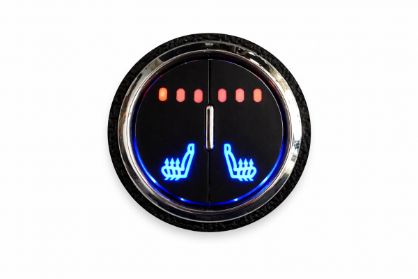 Sitzheizungsset Carbon 3-stufig mit einem runden, beleuchteten Doppel-Taster und Kunststoffring mit Kabelbaum für zwei Sitze