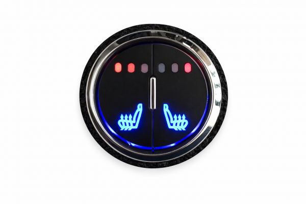 Sitzheizungsset Carbon 3-stufig mit einem runden, beleuchteten Doppel-Taster und Kunststoffring mit Kabelbaum für zwei Sitze