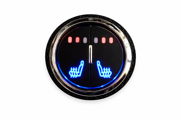 Sitzheizungsset Carbon 3-stufig mit einem runden, beleuchteten Doppel-Taster und Kunststoffring mit Kabelbaum für zwei Sitze