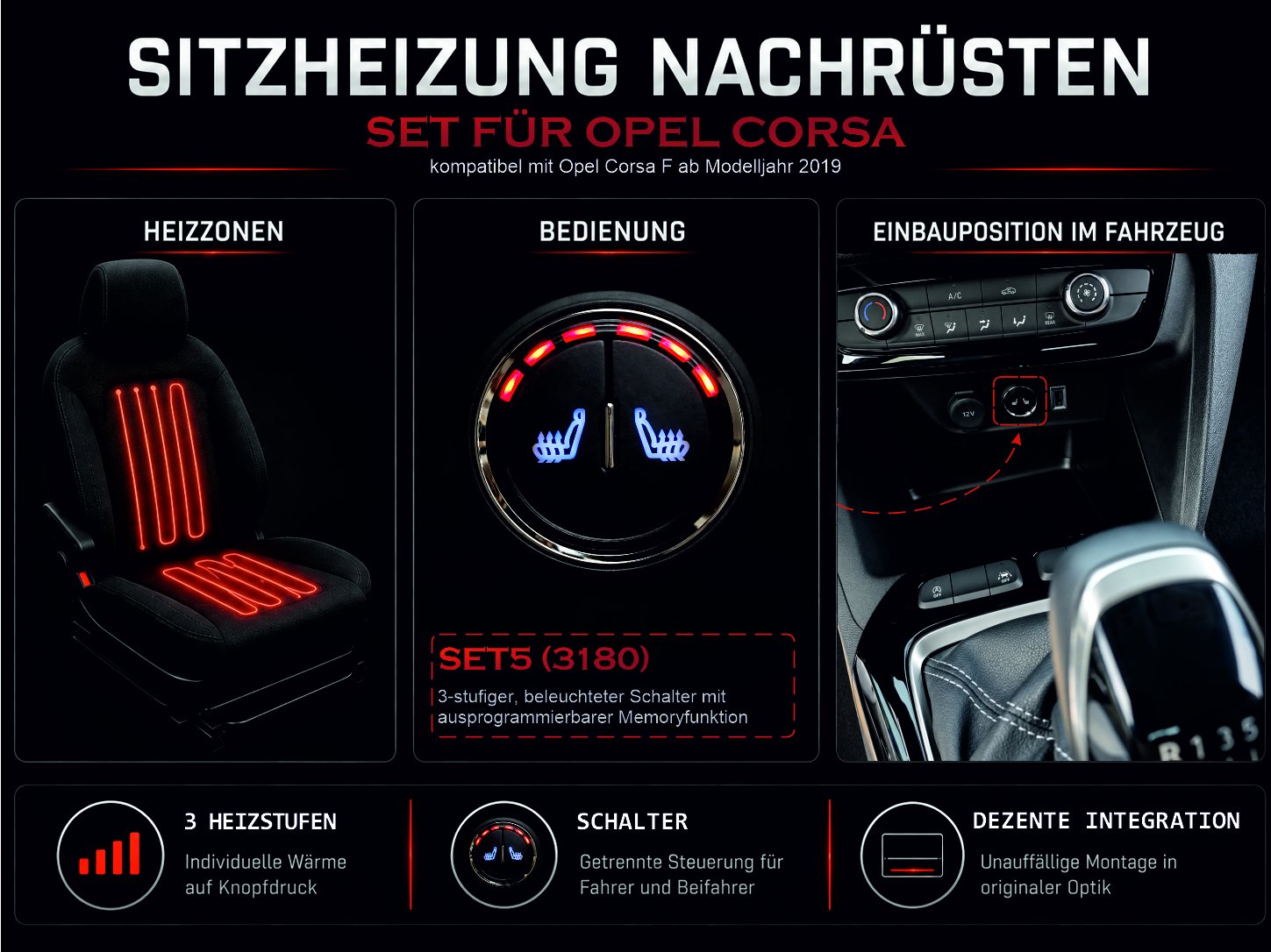 Sitzheizungsset Opel Corsa F ab Modelljahr 2019 mit rundem, beleuchteten Doppel-Taster