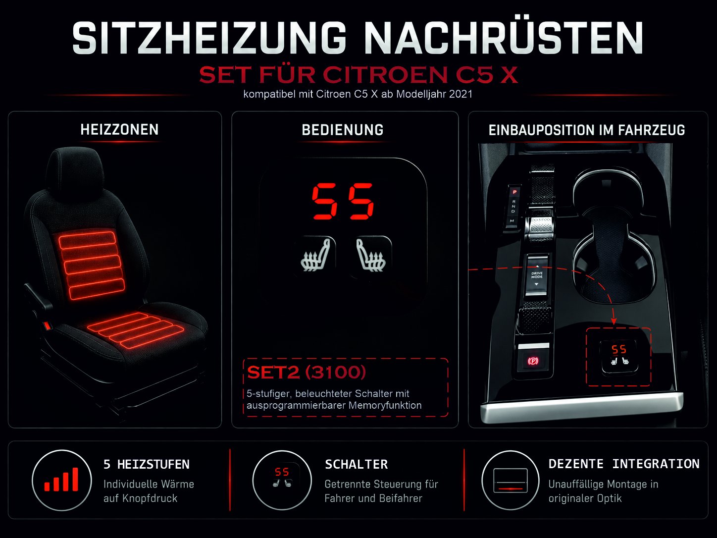 Sitzheizungsset für Citroen C5 X Modelljahr 2021 mit beleuchtetem Hochglanz-Doppeltaster 5 stufig