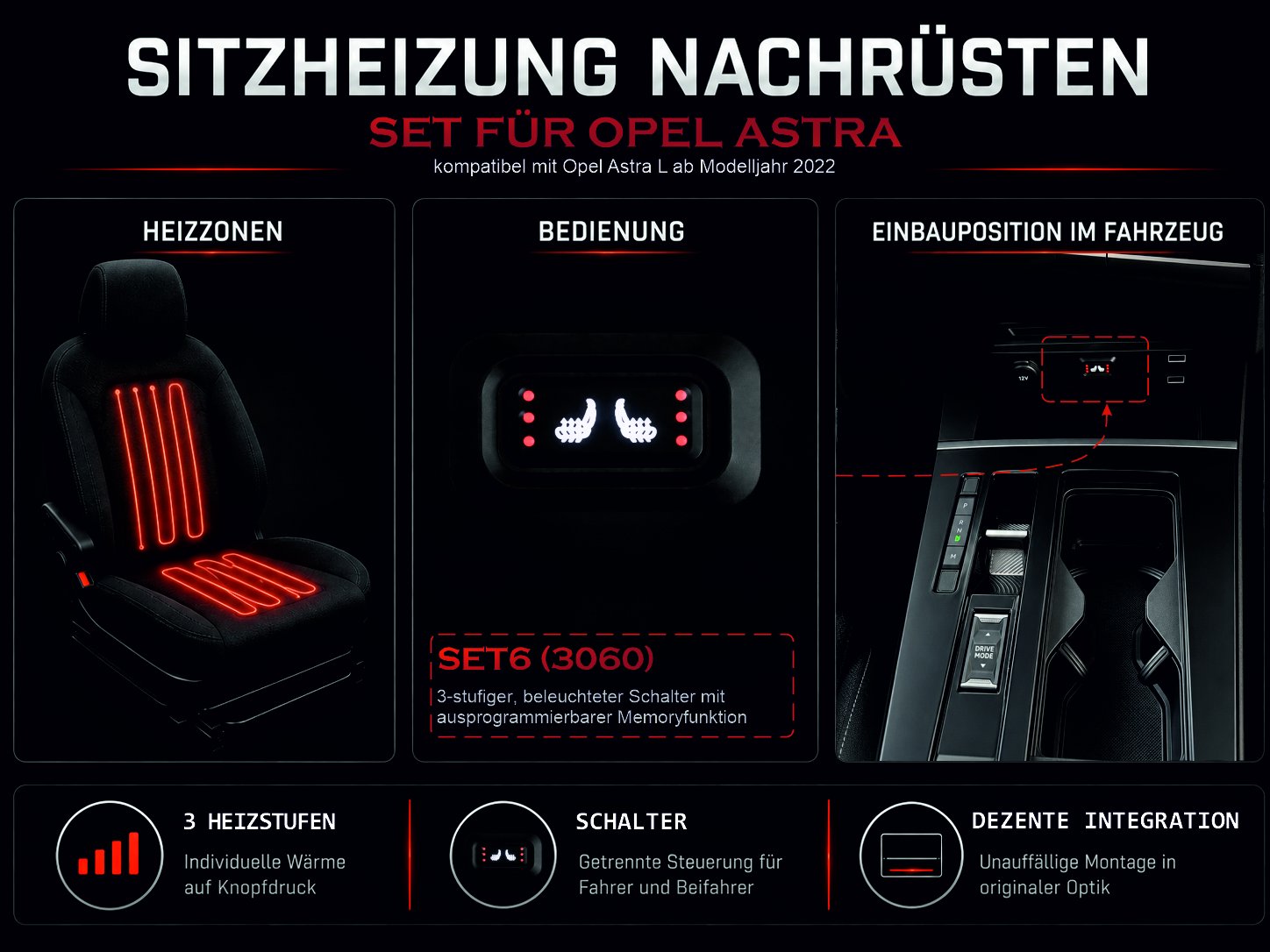 Sitzheizungsset Opel Astra L ab Modelljahr 2021 mit rechteckiger Doppel-Taster