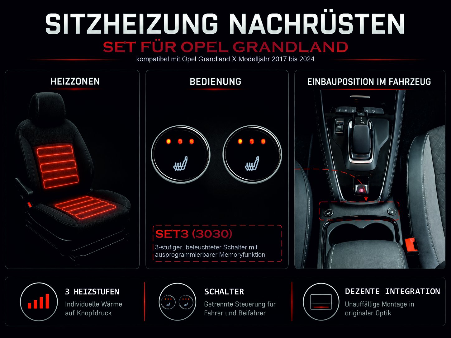 Sitzheizungsset Carbon 3-stufig für Opel Grandland 2021 - 2025 mit zwei runden, beleuchteten Tastern